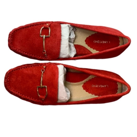 LANDSEND Women’s Red Suede, Gold Horse Bit Driving Mocs Never Worn, In Storage - Picture 1 of 13